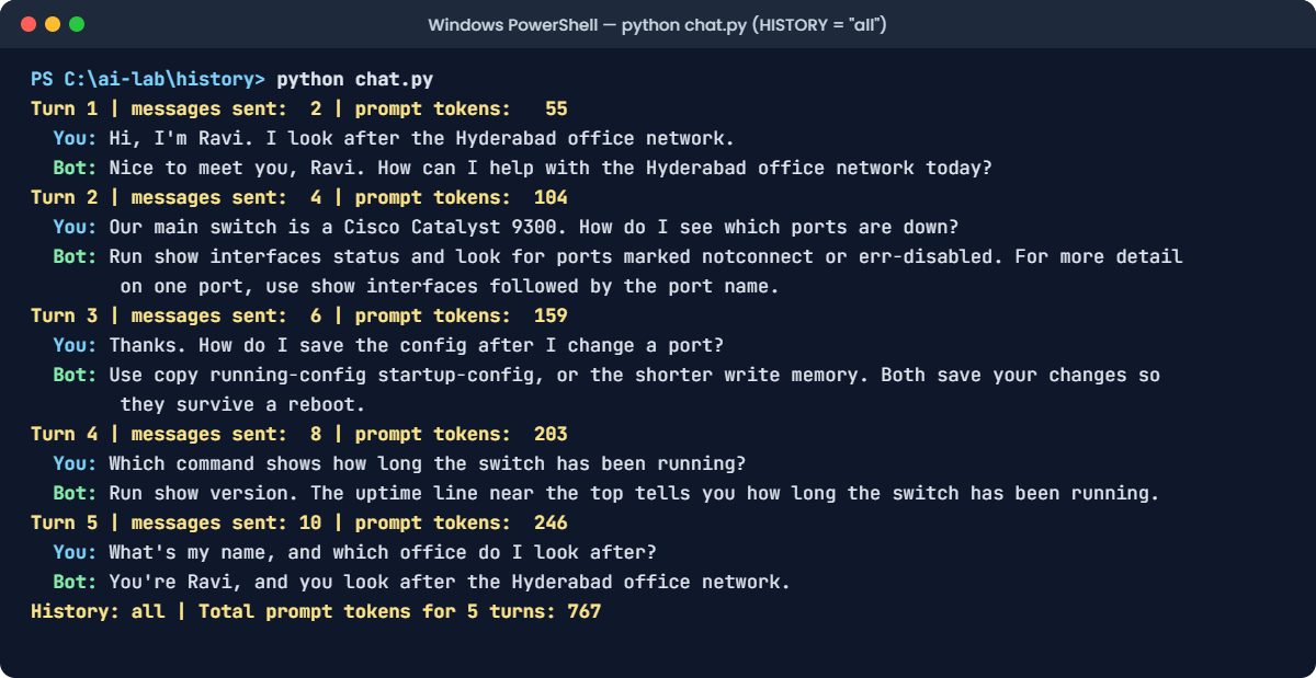 LLM chat history lab: chat.py sending the whole conversation every turn