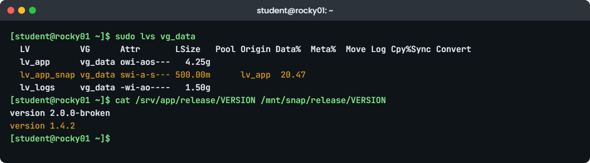 LVM snapshot lab: lvs on rocky01 showing Data% of lv_app_snap