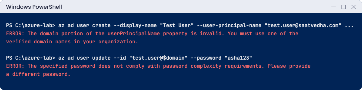 Microsoft Entra ID errors: unverified UPN domain and weak password