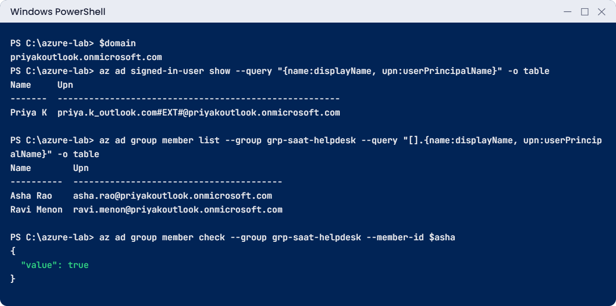 Microsoft Entra ID lab: domain, external account UPN and helpdesk group members