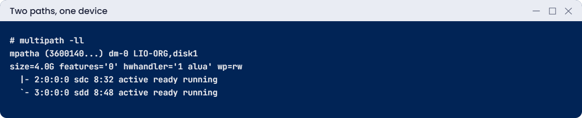 multipath -ll showing two active iSCSI paths