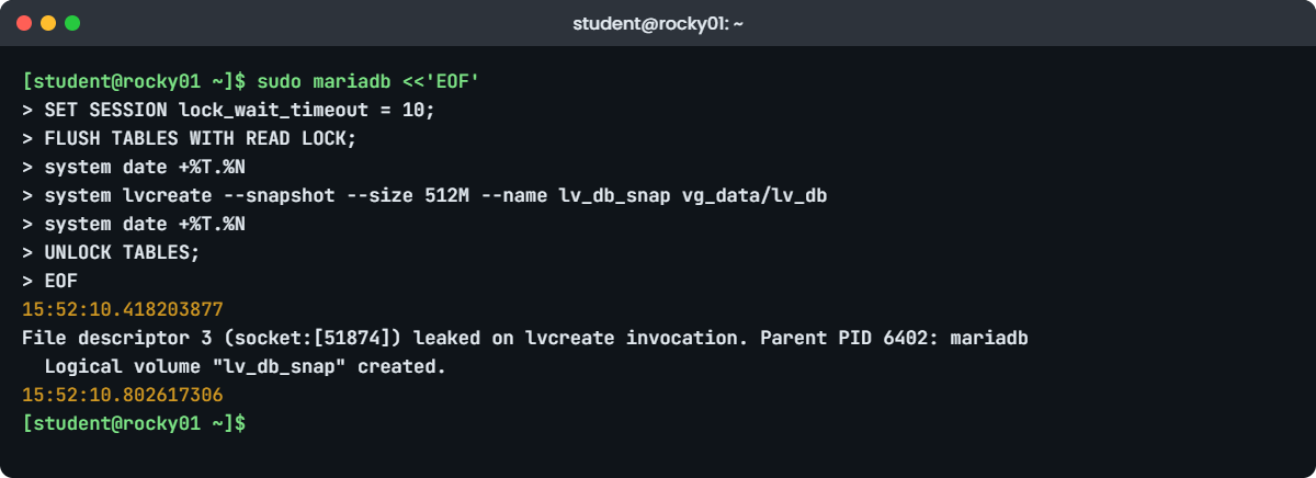 MySQL LVM snapshot backup lab: lvcreate from inside a locked MariaDB session on rocky01