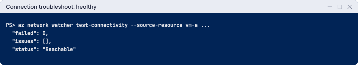 Connection troubleshoot result showing Reachable