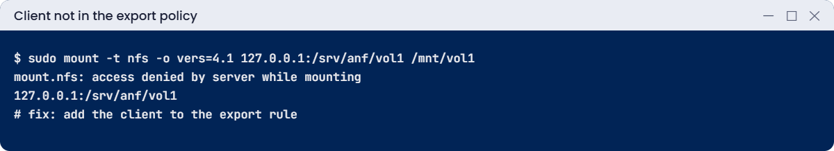 mount.nfs access denied by server when the client is not in the export policy