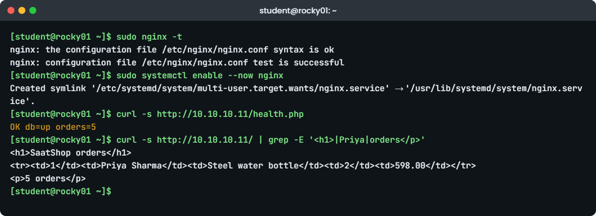 Nginx MariaDB Linux lab: nginx -t and the SaatShop health check on rocky01