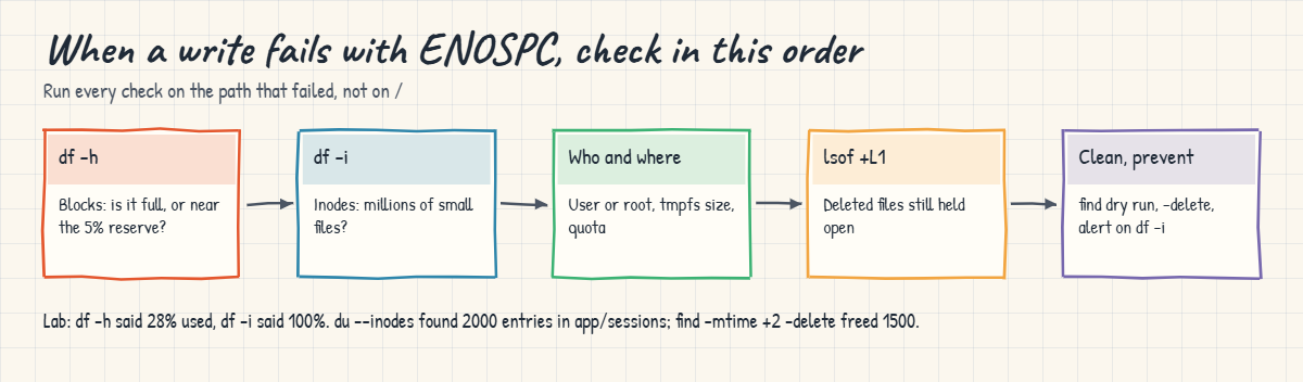 No space left on device checklist: df -h, df -i, reserved blocks, lsof, then fix