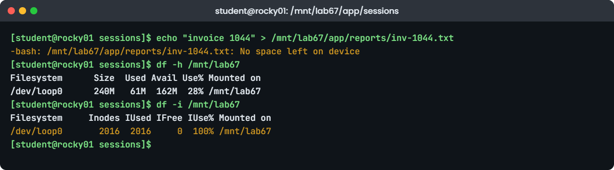 No space left on device lab: df -h shows 28% used while df -i shows 100% on rocky01