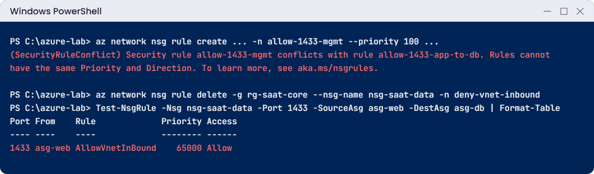 NSG vs ASG errors: SecurityRuleConflict and AllowVnetInBound after deleting the deny