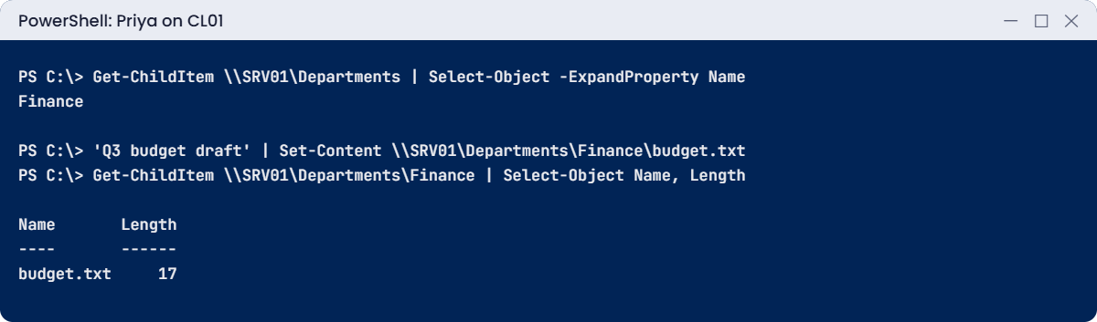 NTFS permissions lab: Priya sees only Finance and saves a file