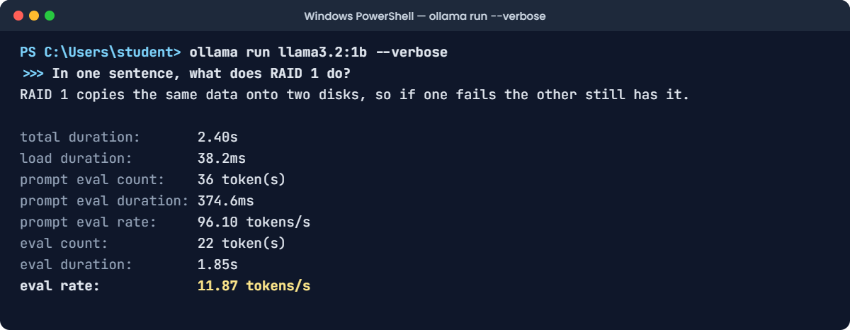 PowerShell showing ollama run --verbose speed statistics