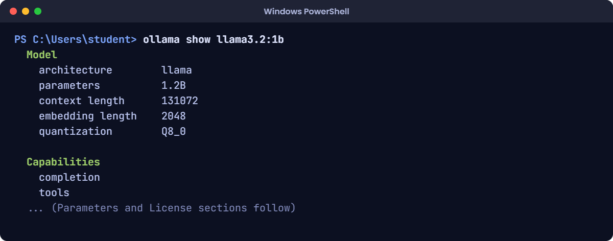 PowerShell showing ollama show llama3.2:1b output