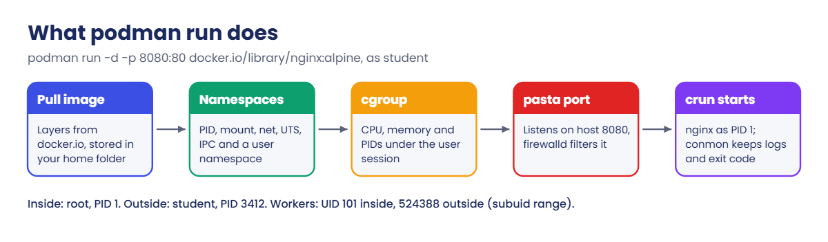 Podman basics: what podman run does, from image pull to a running process
