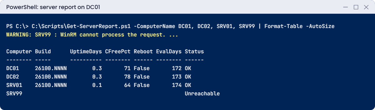 PowerShell automation lab: server report with an unreachable server handled