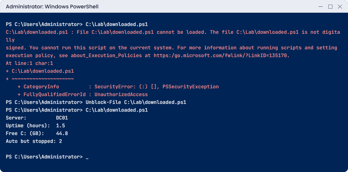 PowerShell for Windows Server lab: a downloaded script is blocked until Unblock-File