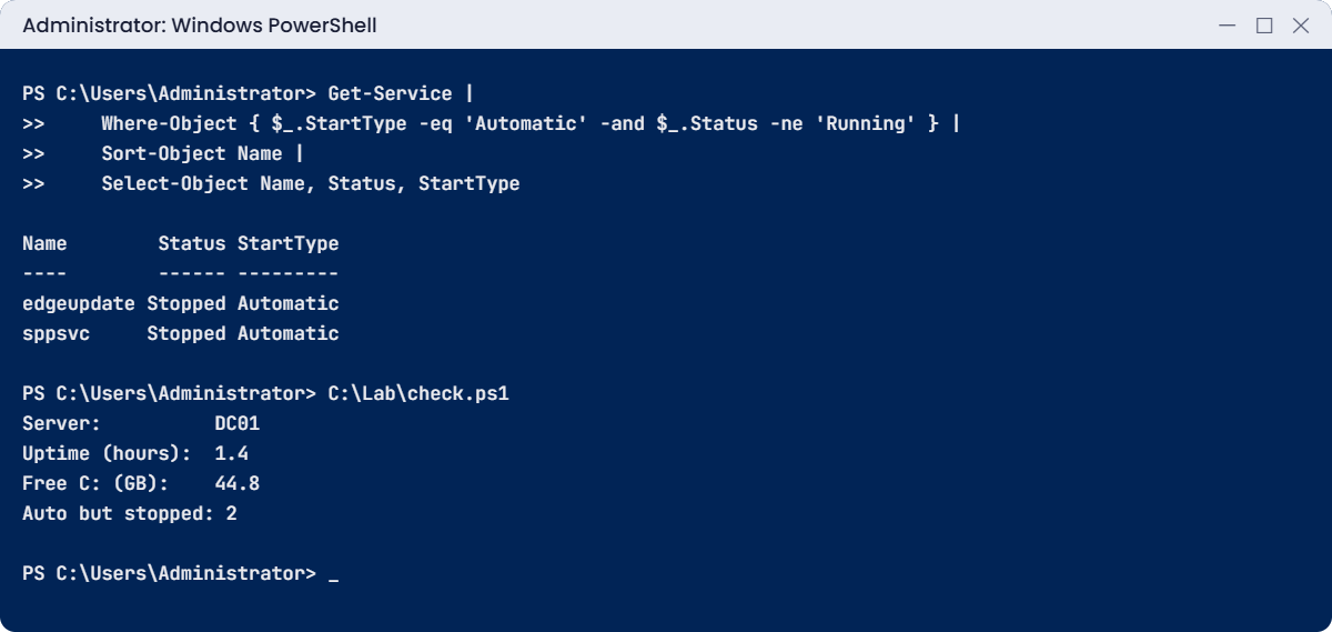 PowerShell for Windows Server lab: filtering stopped automatic services and running check.ps1