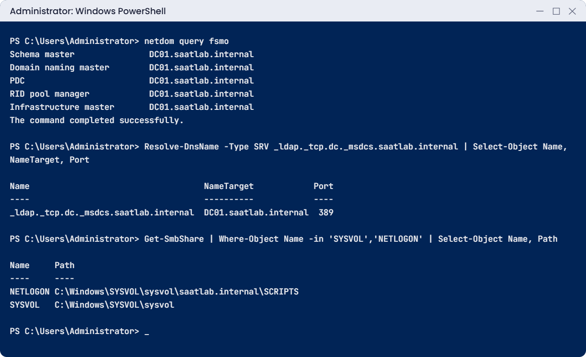 Promote domain controller checks: netdom query fsmo, SRV record and SYSVOL shares