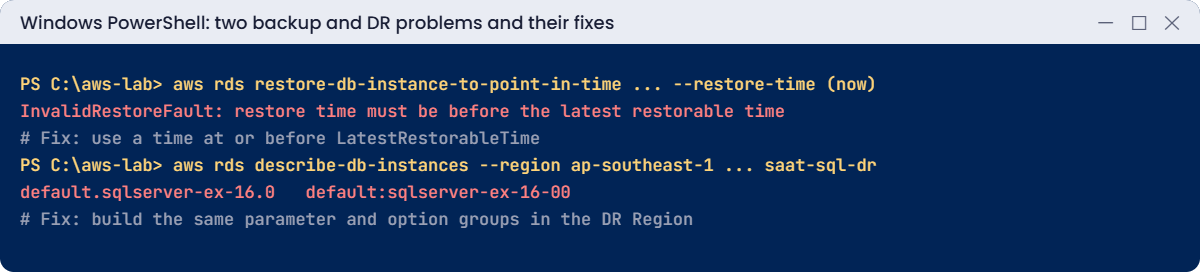 Backup and DR problems: restore time too recent and default groups in DR