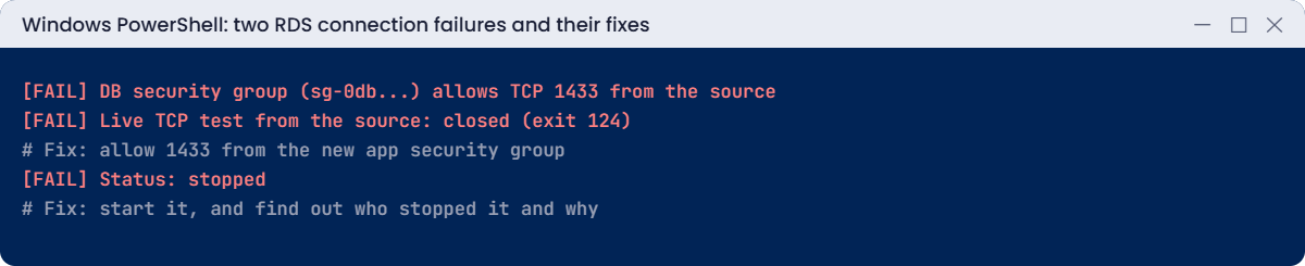 RDS connection failures: security group missing the app and a stopped instance