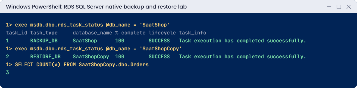 RDS SQL Server native backup restore lab output: backup and restore tasks succeeded