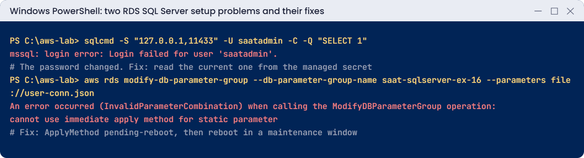 RDS SQL Server setup problems: login failed and static parameter with immediate apply