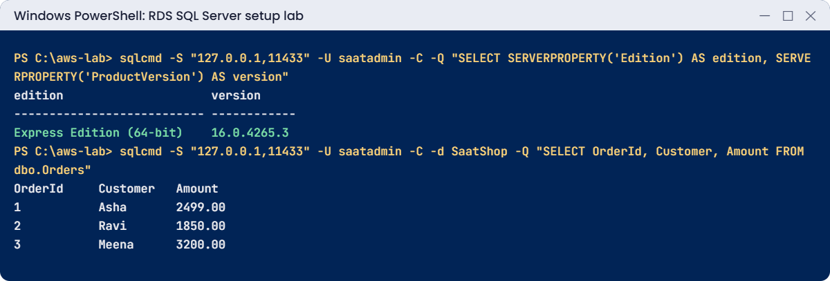 RDS SQL Server setup lab output: edition and version, and rows in SaatShop