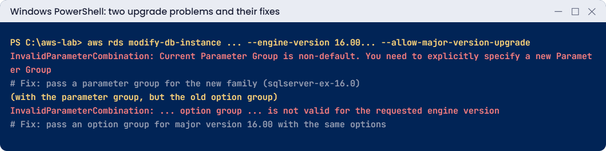 RDS SQL Server upgrade errors: custom parameter group and option group