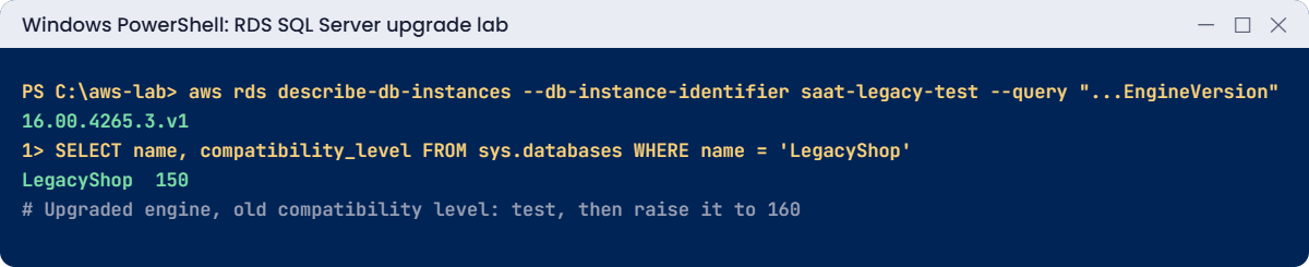 RDS SQL Server upgrade lab output: test copy on 2022 with compatibility level 150