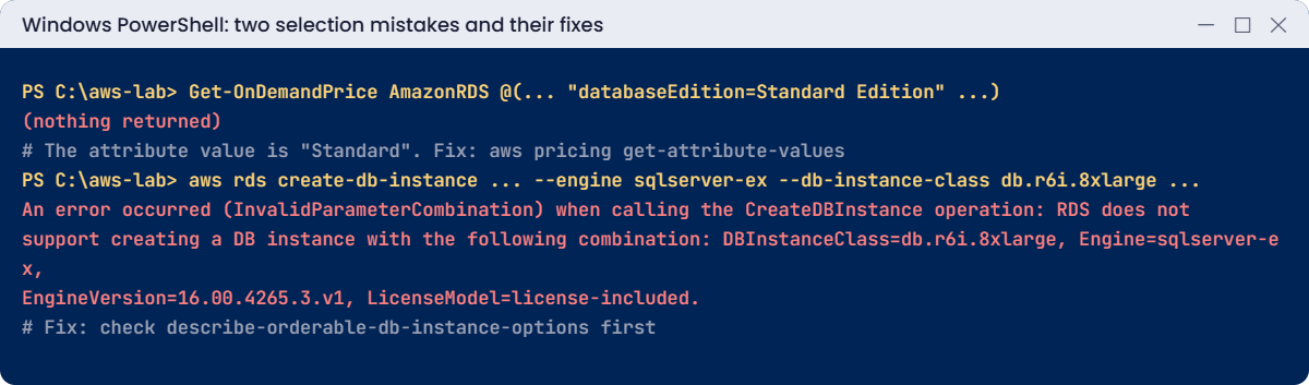 Selection mistakes: wrong pricing attribute value and invalid RDS instance class combination