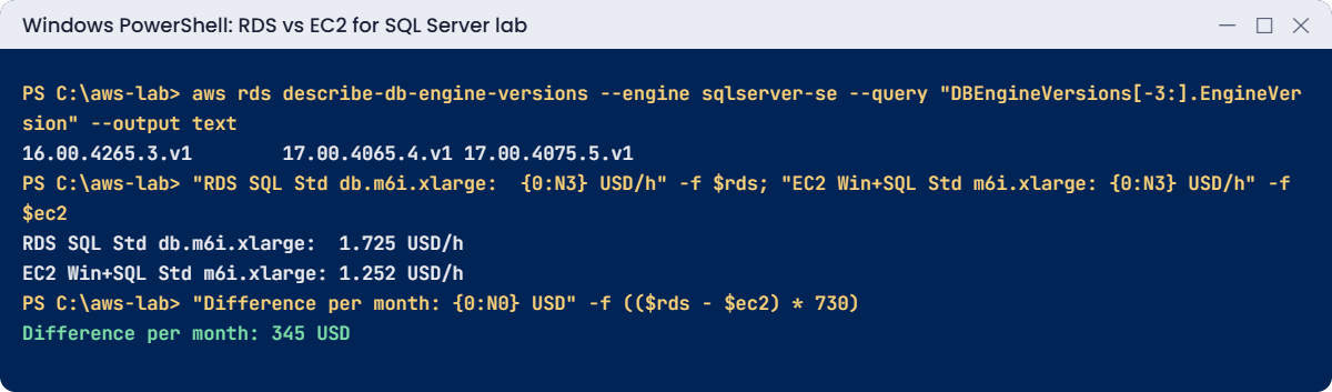 RDS vs EC2 SQL Server lab output: engine versions and hourly price comparison