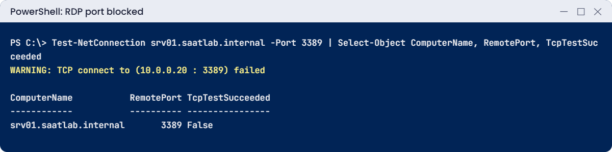Remote Desktop Services lab: Test-NetConnection shows port 3389 blocked