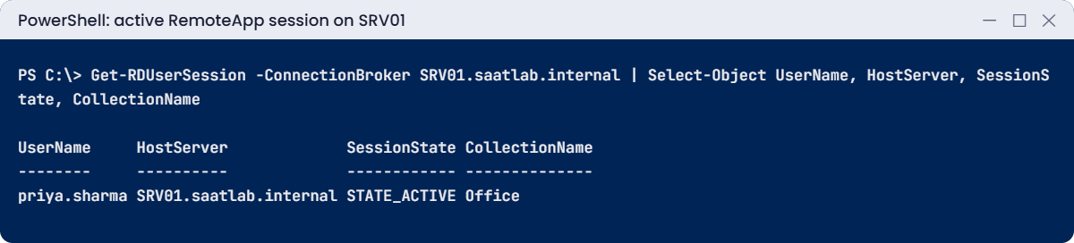 Remote Desktop Services lab: Priya's active RemoteApp session on SRV01