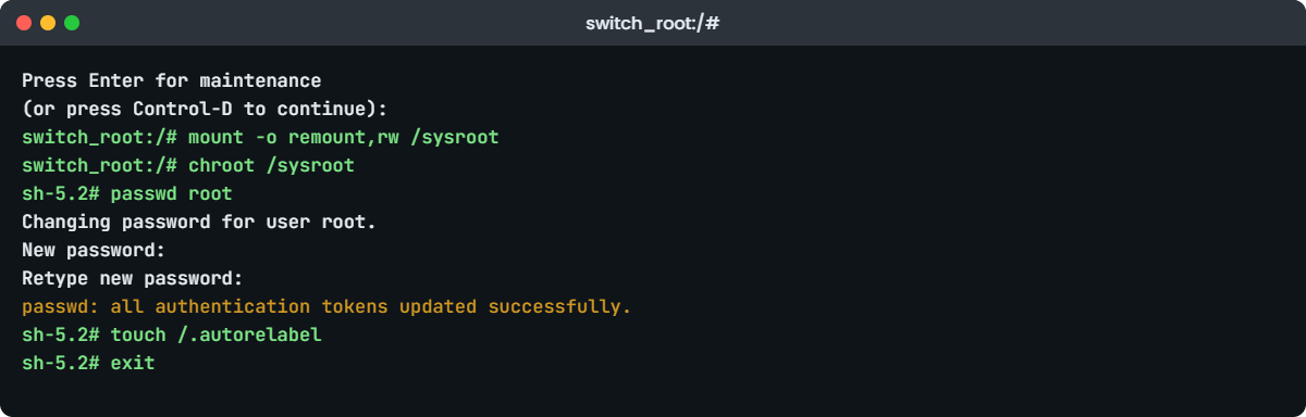 Reset root password Linux lab: switch_root prompt on rocky01 after rd.break