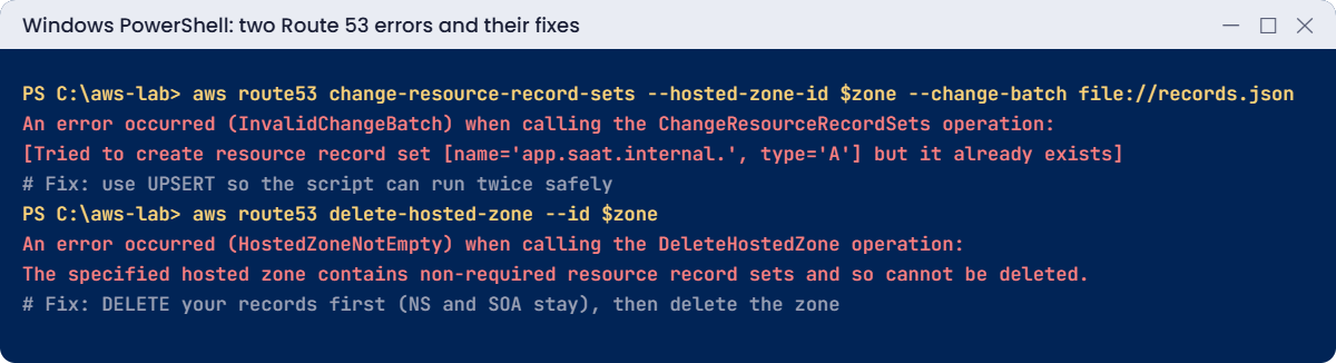 Route 53 errors: record already exists and HostedZoneNotEmpty, with fixes