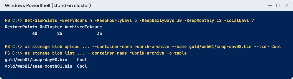 Rubrik Azure simulated lab: SLA points and archived snapshots