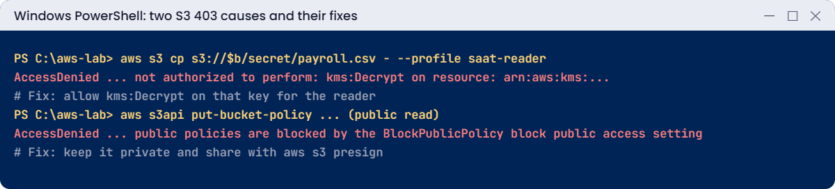 S3 403 causes: KMS decrypt denied and Block Public Access refusing a public policy