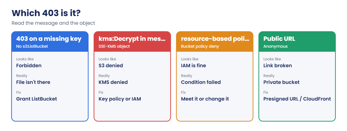 Which S3 403 is it: missing ListBucket, KMS, bucket policy or public URL