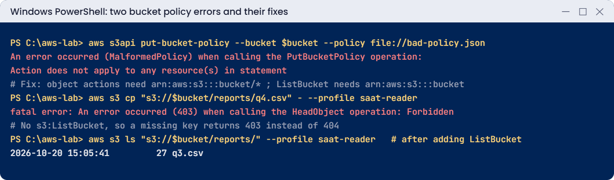 S3 bucket policy errors: MalformedPolicy and 403 instead of 404 with fixes