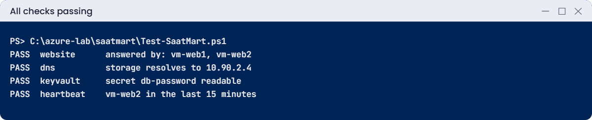 Test-SaatMart output with all checks passing