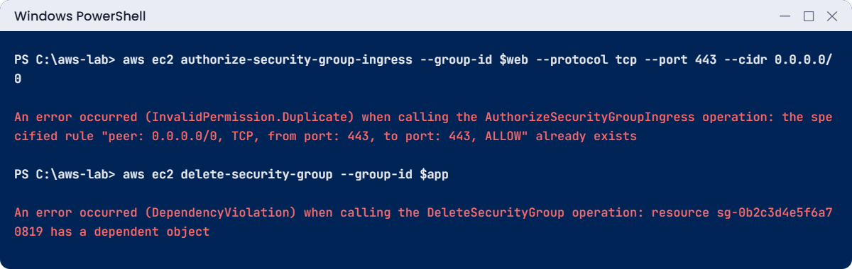Security groups vs NACL break lab: duplicate rule and dependent object