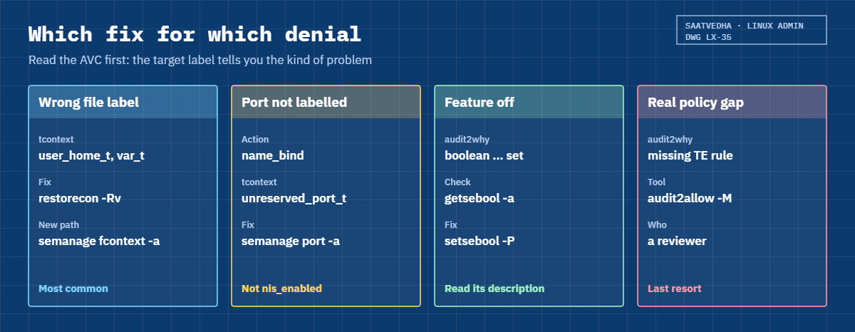 SELinux basics: which fix for which denial, restorecon, semanage port, setsebool and audit2allow