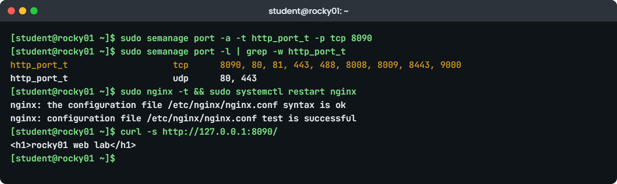 SELinux basics lab: semanage port and nginx on port 8090 on rocky01
