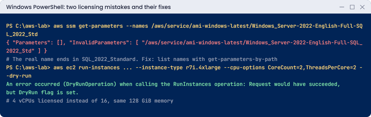 Licensing mistakes: wrong AMI parameter name and over-licensed vCPUs fixed with Optimize CPU