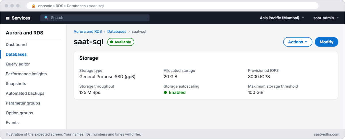 RDS console storage settings for saat-sql with gp3 and storage autoscaling up to 100 GiB