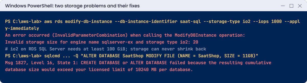 Storage problems: io2 minimum size on RDS and the Express 10 GB database limit