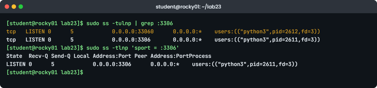 ss command in Linux lab: sudo ss -tulnp and the sport filter for port 3306 on rocky01