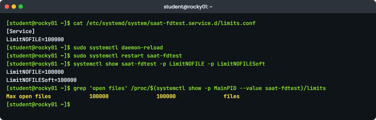 sysctl kernel parameters lab: LimitNOFILE drop-in and /proc/PID/limits on rocky01
