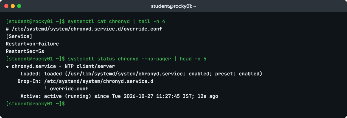 systemctl commands lab: chronyd drop-in shown with systemctl cat on rocky01