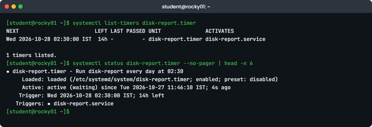 systemd service file lab: list-timers and status of disk-report.timer on rocky01
