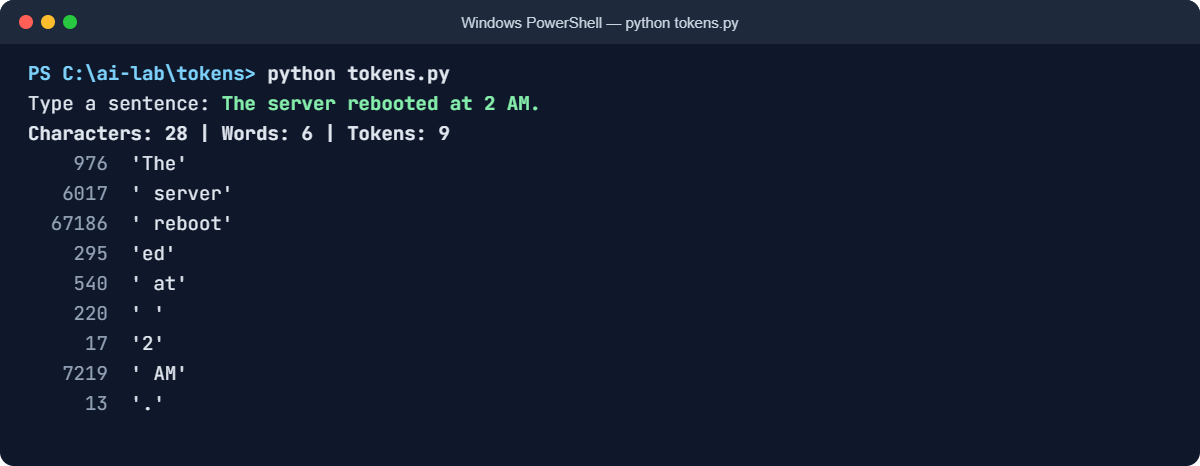 LLM tokenization example: tokens.py showing token IDs in PowerShell