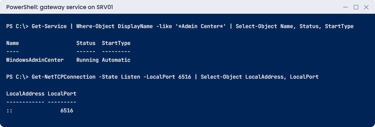 Windows Admin Center lab: gateway service running on port 6516